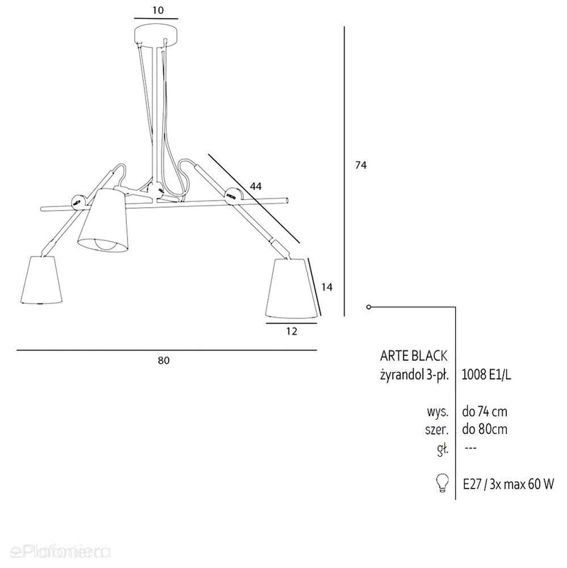 Czarna lampa sufitowa - industrialna - loftowa, żyrandol poziomy 3xE27, Aldex (Arte) 1008E1/L