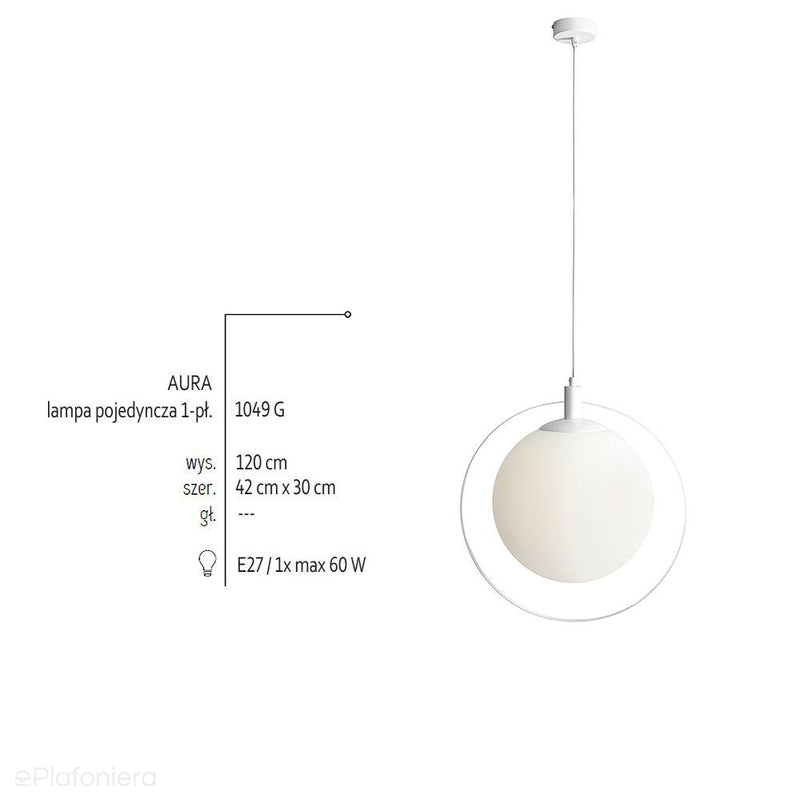 Lampa wisząca pojedyncza - kula mleczna, (ramka biała) 1xE27, Aldex Aura)1049G - ePlafoniera