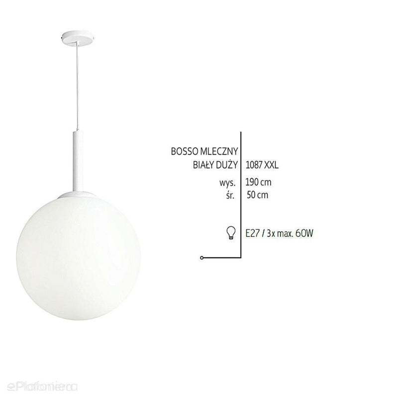 Lampa wisząca pojedyncza, zawiesie białe (50cm) jedna mleczna kula 3xE27, Aldex (Bosso) 1087XXL