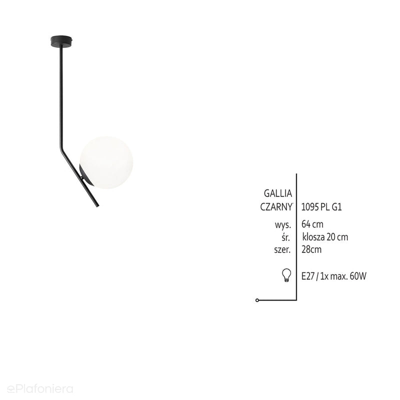Lampa sufitowa 64cm, czarna, jedna mleczna kula 20cm (E27) Aldex (Gallia) 1095PL-G1