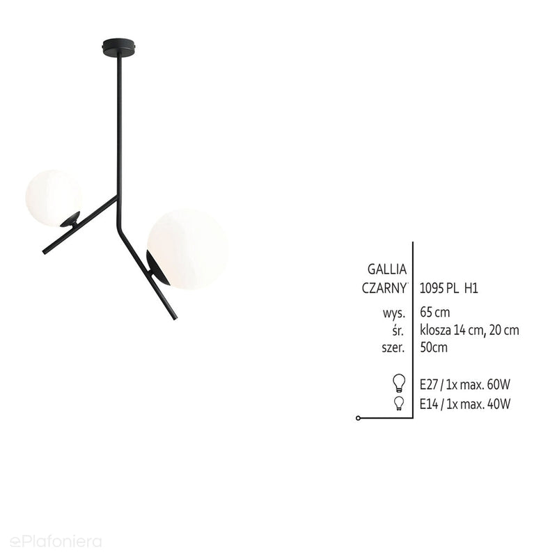 Lampa sufitowa, czarna, dwie mleczne kule 14cm/20cm (E14/E27) Aldex (Gallia) 1095PL-H1