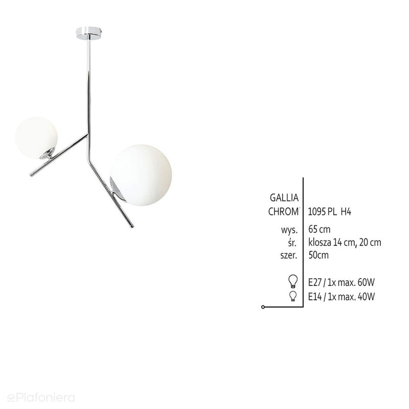 Lampa sufitowa, chrom, dwie mleczne kule 14cm/20cm (E14/E27) Aldex (Gallia) 1095PL-H4