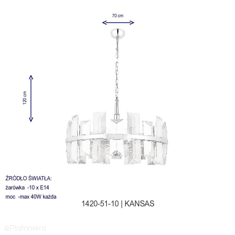 Luksusowy , kryształowy żyrandol - lampa wisząca chrom 10xE14, Lucea 1420-51-10 KANSAS - ePlafoniera