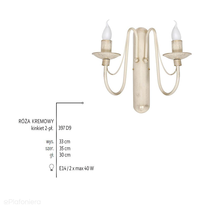 Kremowa lampa ścienna - świecznik, kinkiet 2xE14, Aldex (Róża) 397D9 - ePlafoniera