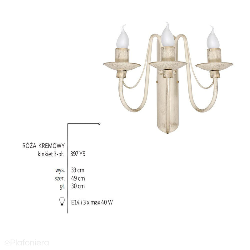 Kremowa lampa ścienna - świecznik, kinkiet 3xE14, Aldex (Róża) 397Y9 - ePlafoniera