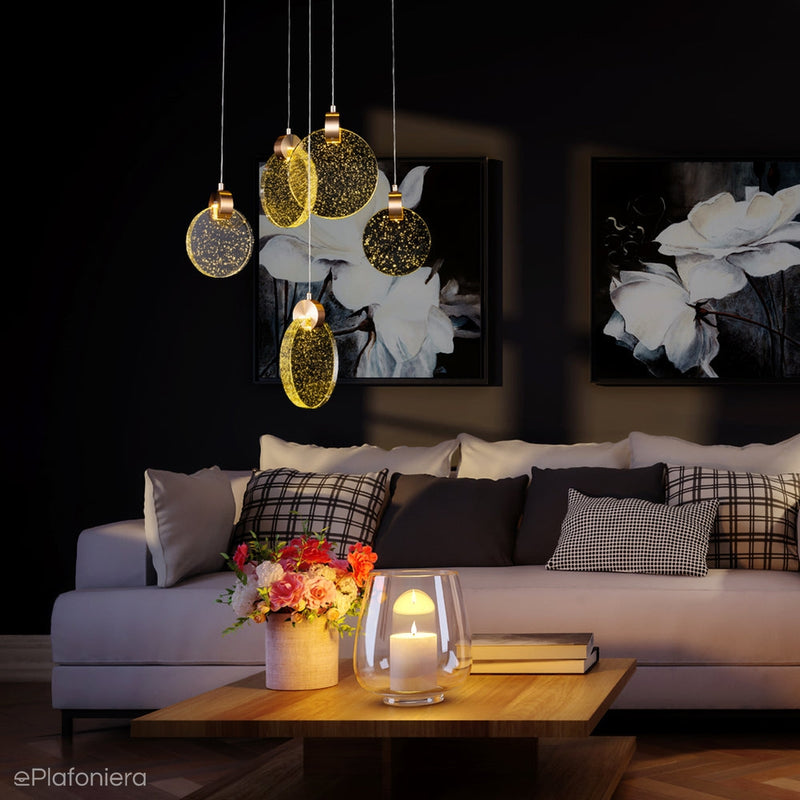 Piękna, szklana lampa - złota wisząca do salonu (5 kloszy LED) Lucea 52009-01-P05-FG OTINA