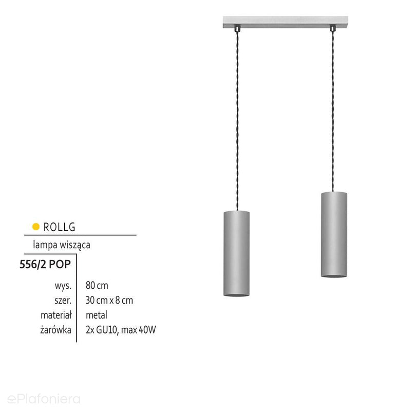 Szara wisząca tuba (2x GU10) lampa do kuchni salonu sypialni, Lampex (Rollg) 556/2 POP