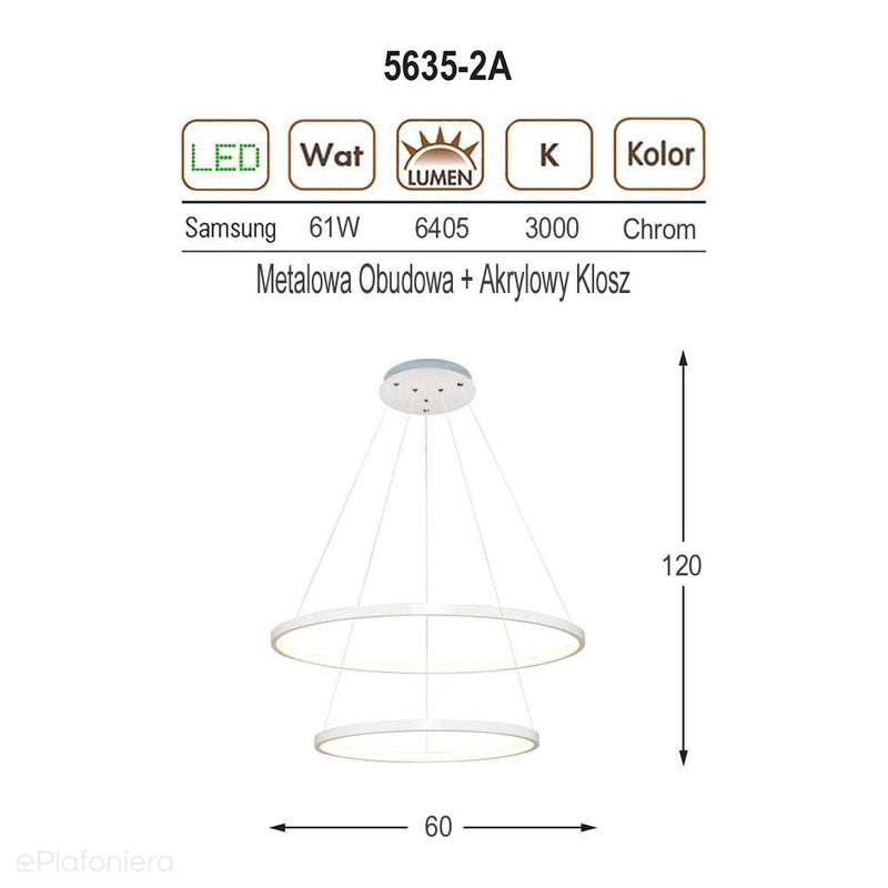 Lampa wisząca - żyrandol, 2 CHROMOWE RINGI LED 61W, Ozcan 5635-2A,02 - ePlafoniera