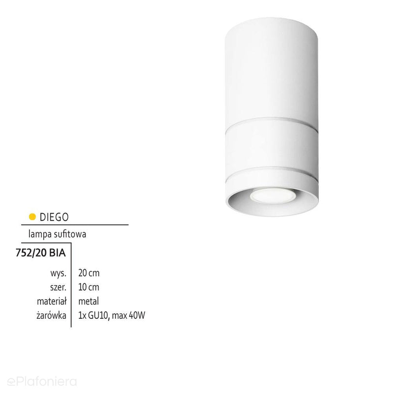 Biała lampa sufitowa, tuba do salonu sypialni (20cm, 1x GU10) Lampex (Diego) 752/20 BIA