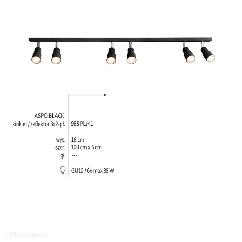 Czarny reflektor sufitowy spot na listwie 100cm (3x2 GU10), Aldex (Aspo) 985PL/K1 - ePlafoniera