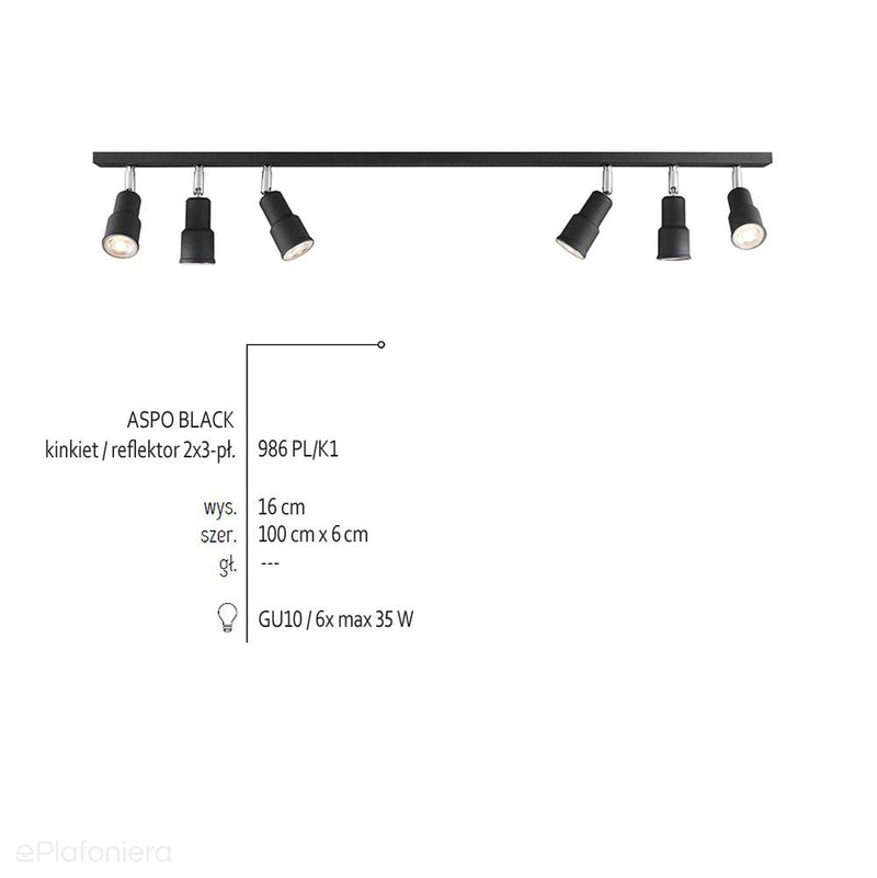 Czarny reflektor sufitowy spot na listwie 100cm (2x3 GU10), Aldex (Aspo) 986PL/K1 - ePlafoniera