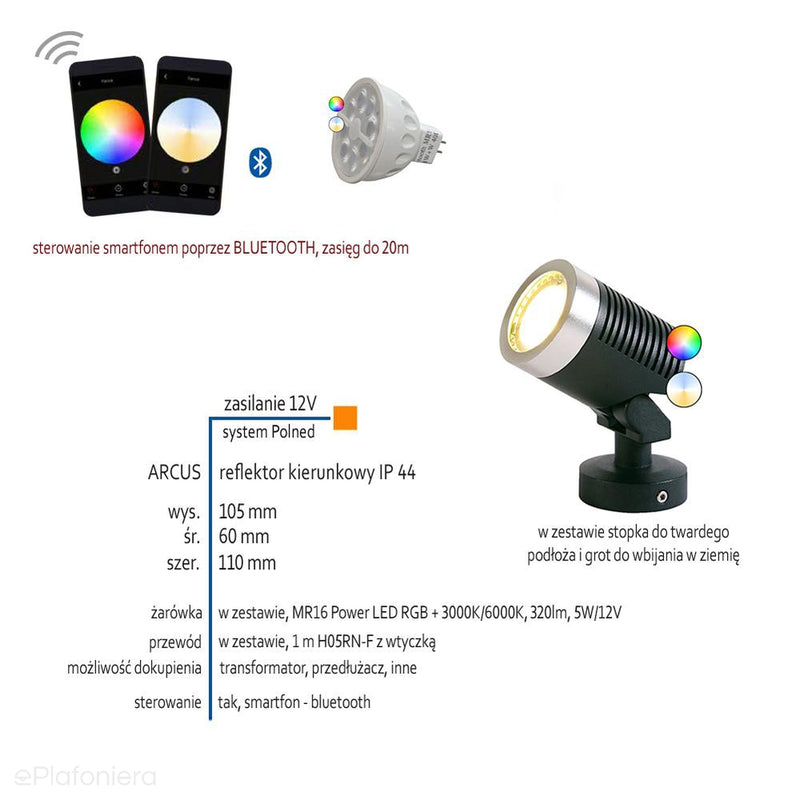 Reflektor kierunkowy, lampa ogrodowa zewnętrzna IP 44 (5W, Smart RGB+3000K-6000K) (system 12V LED) Arcus