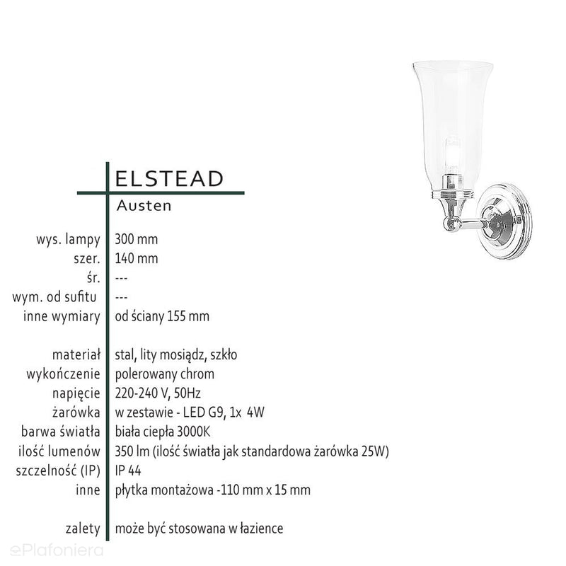 Kinkiet łazienkowy Austen polerowany chrom - Elstead (szkło, wys. 30cm) G9 1x4W