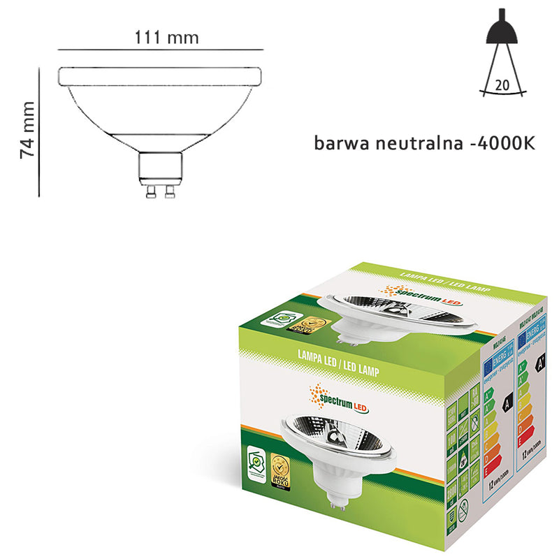 Żarówka biała lustrzana LED (AR111, 10W 20°) (850lm, 4000K) Spectrum/14561