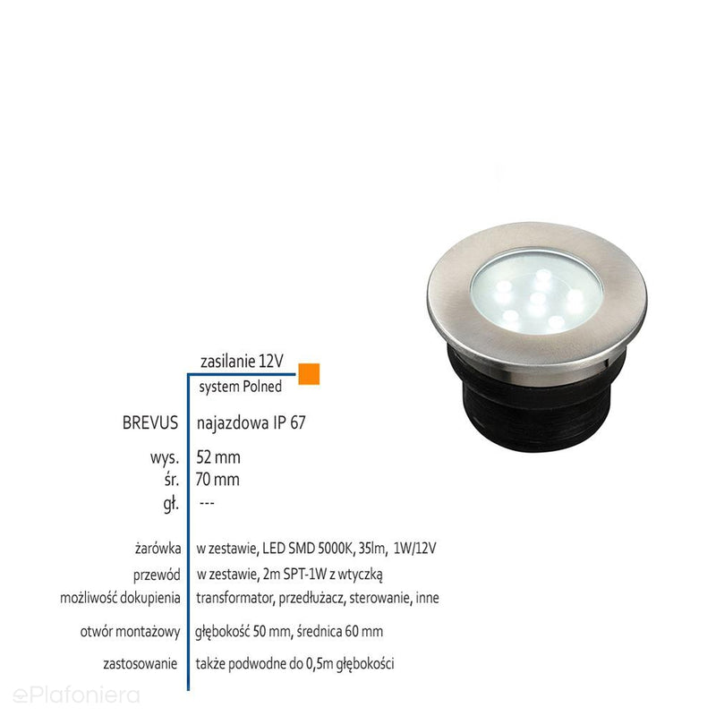 Lampa najazdowa/podwodna, ogrodowa zewnętrzna IP 67 (1W, 5000K) (system 12V LED) Brevus
