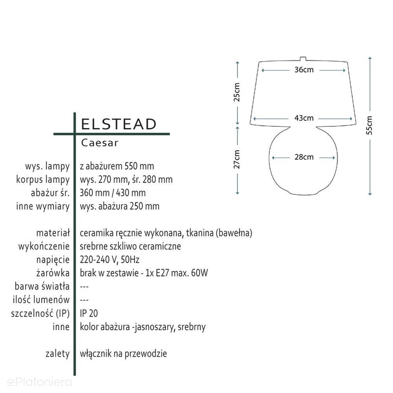 Lampa stołowa / nocna Caesar - Elstead (ceramika srebrna, 55cm, 1xE27)