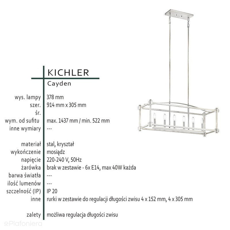 Mosiężna lampa wisząca Cayden - klatka 90x30cm do salonu / kuchni / sypialni - Kichler (6xE14)