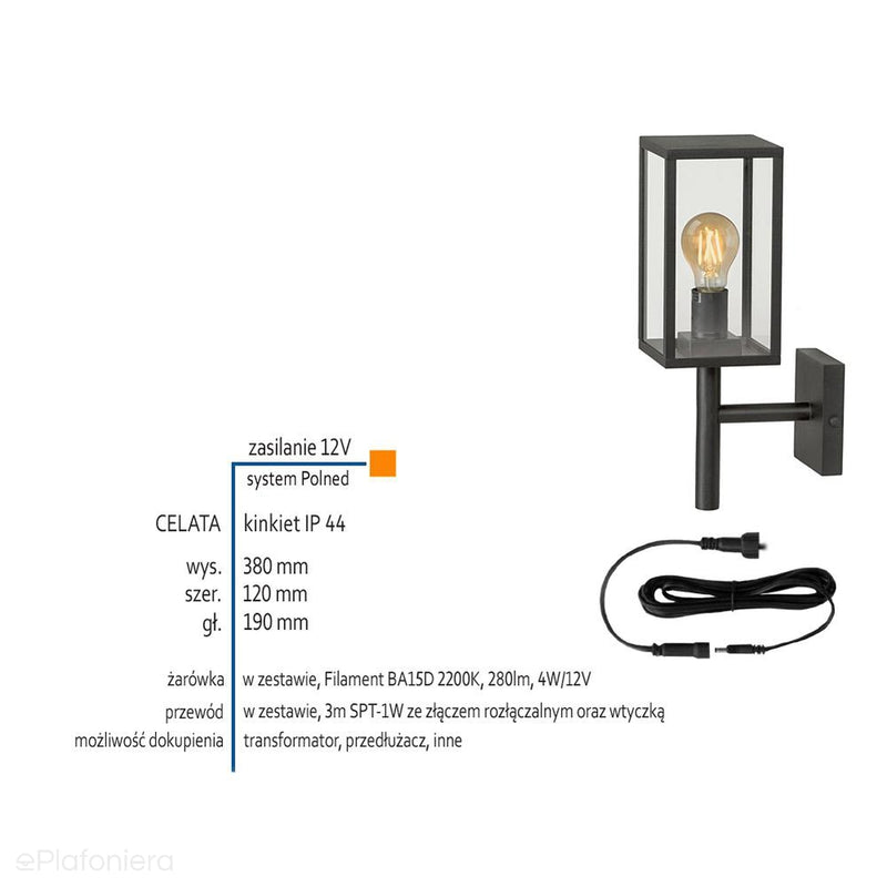 Lampa ścienna - kinkiet, ogrodowa zewnętrzna latarnia IP 44 (4W, 2200K) (system 12V LED) Celata