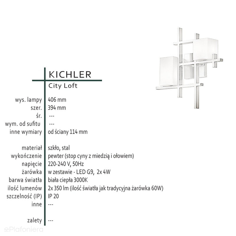 Pewter, szkło 40x40cm, nowoczesna lampa ścienna, kinkiet do salonu sypialni kuchni (2xG9) Kichler (City)
