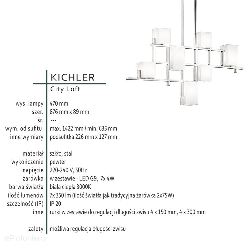 Żyrandol do salonu / jadalni City - Kichler (pewter, szkło mleczne, 88x9cm, 7xG9)