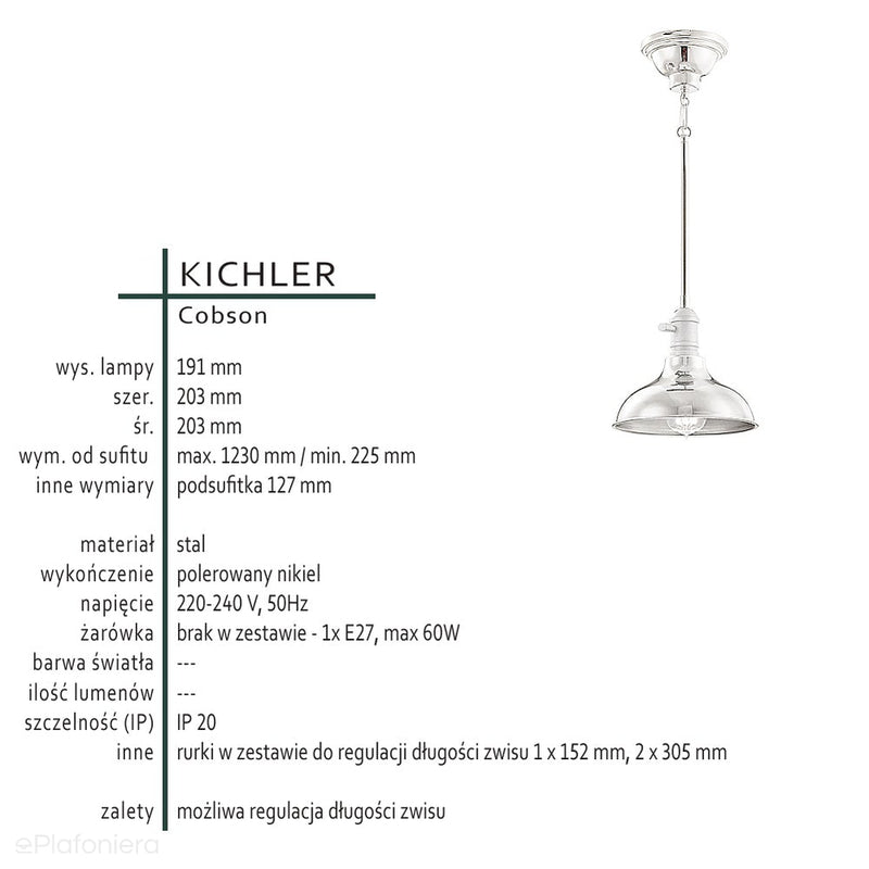 Industrialna lampa wisząca 20cm (nikiel) do kuchni salonu kawiarni (1xE27) Kichler (Cobson)