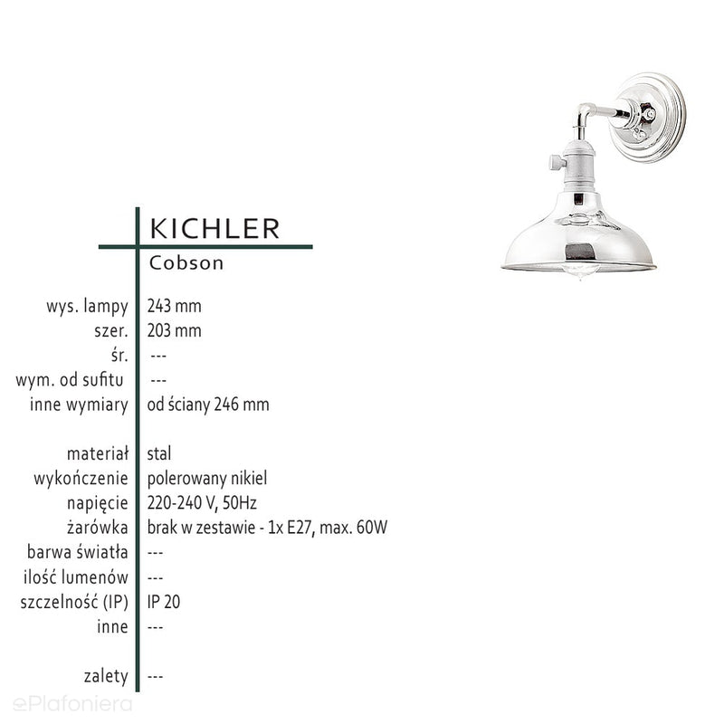 Industrialna lampa ścienna (nikiel) kinkiet do kuchni salonu kawiarni (1xE27) Kichler (Cobson)
