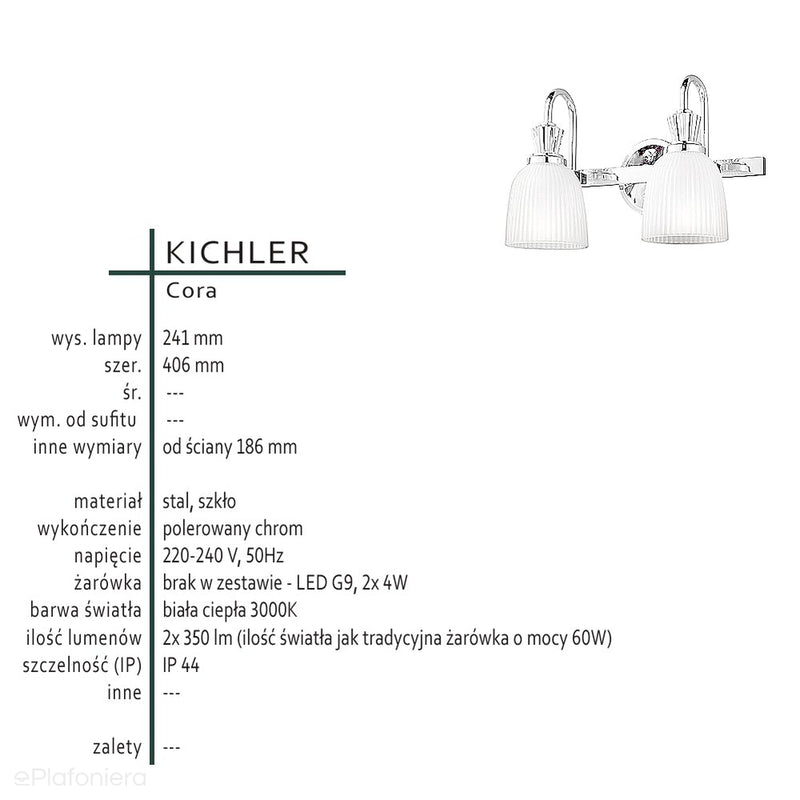 Kinkiet chrom - 2 klosze (40x24cm), do łazienki salonu sypialni (G9 2x4W) Kichler (Cora)