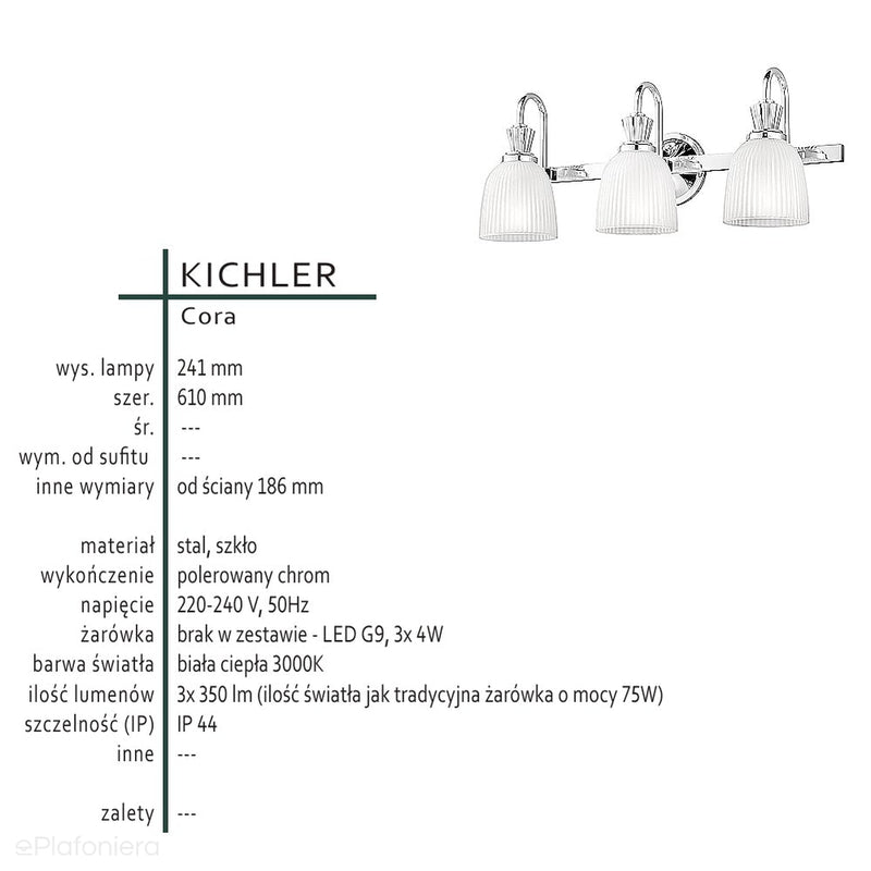 Kinkiet chrom - 3 klosze (61x24cm), do łazienki salonu sypialni (G9 3x4W) Kichler (Cora)