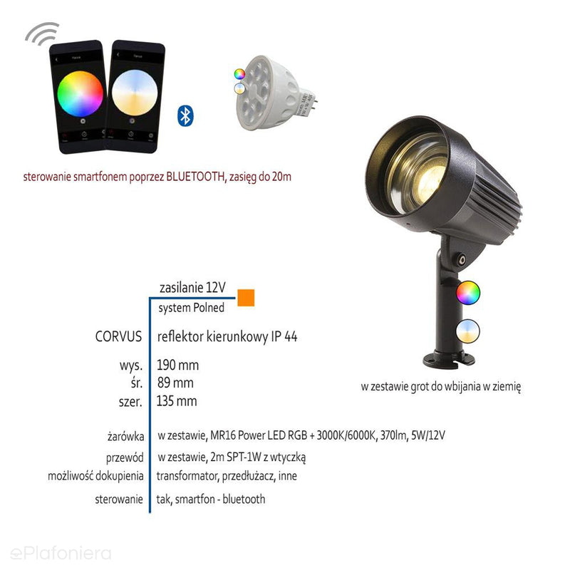 Reflektor kierunkowy, lampa ogrodowa zewnętrzna IP 44 (5W, Smart RGB+3000K-6000K) (system 12V LED) Corvus
