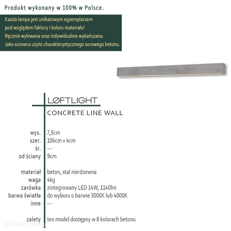Betonowa lampa ścienna - nowoczesny industrialny kinkiet belka LED (106cm) (Concrete line wall) Loftlight