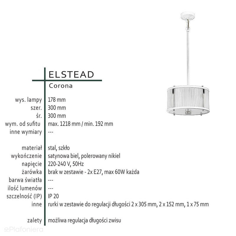 Lampa wisząca szklana (biała 30/40cm) do kuchni salonu sypialni (E27) Elstead (Corona)