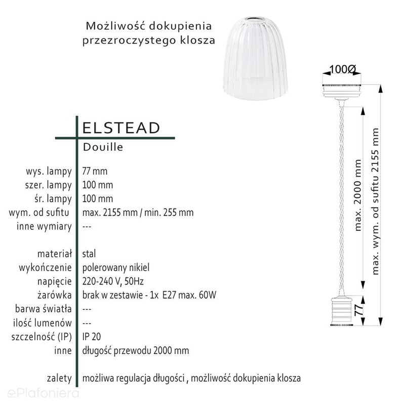 Lampa - wisząca żarówka (nikiel 1xE27) do sypialni salonu kuchni, Elstead (Douille)
