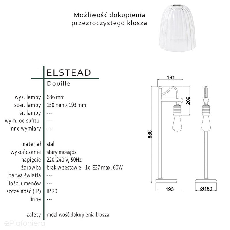 Lampa stołowa - wisząca żarówka (mosiądz 1xE27) biurkowa do sypialni salonu, Elstead (Douille)