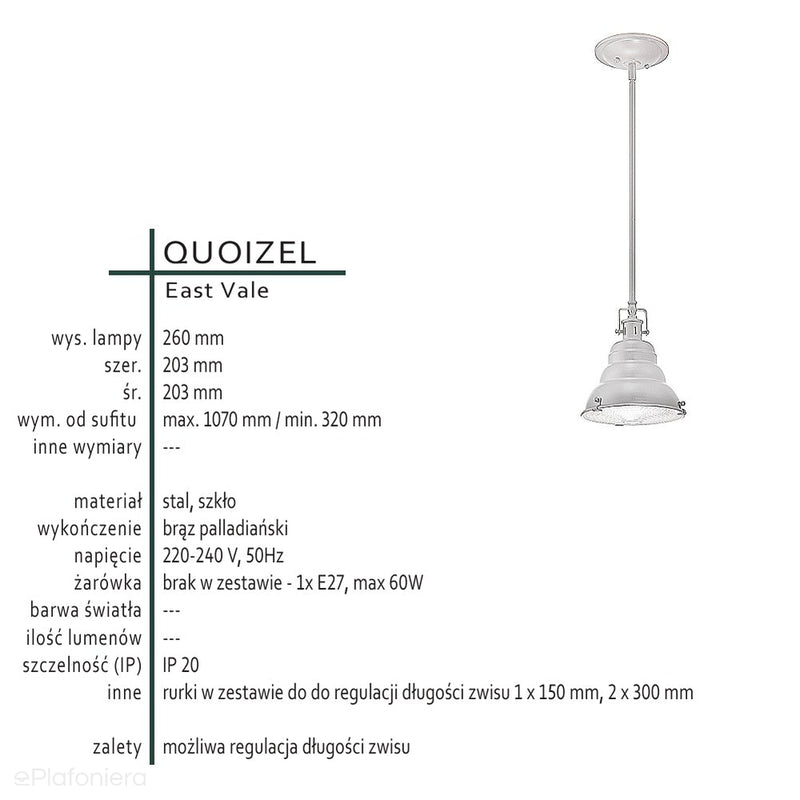 Loftowa / rustykalna lampa wisząca East (brąz) - Quoizel, 20cm, 1xE27