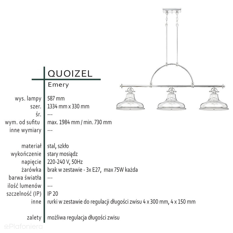 Industrialna lampa (mosiądz) wisząca, żyrandol 133x33cm, do kuchni salonu (1xE27) Quoizel (Emery)