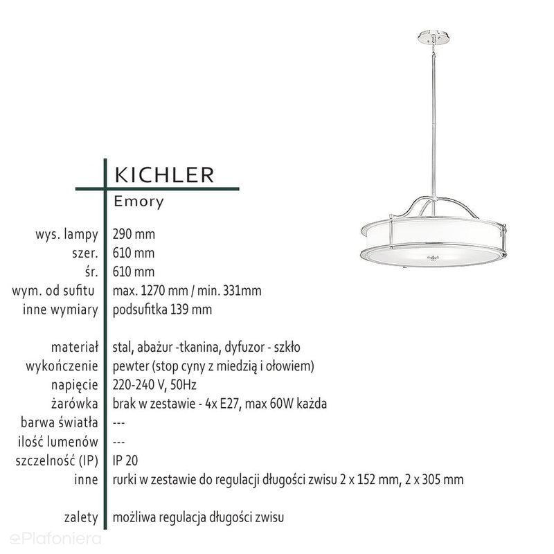 Nowoczesna lampa wisząca 61cm (pewter - szkło) do kuchni jadalni salonu (4xE27) Kichler (Emory)