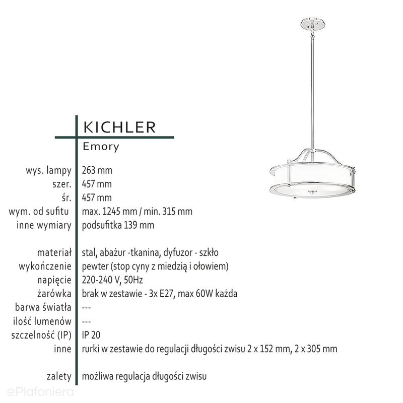 Nowoczesna lampa wisząca 46cm (pewter - szkło) do kuchni jadalni salonu (3xE27) Kichler (Emory)