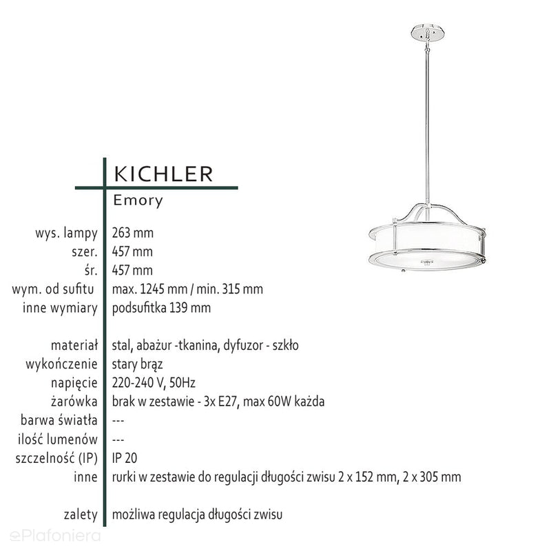 Nowoczesna lampa wisząca 46cm (stary brąz - szkło) do kuchni jadalni salonu (3xE27) Kichler (Emory)
