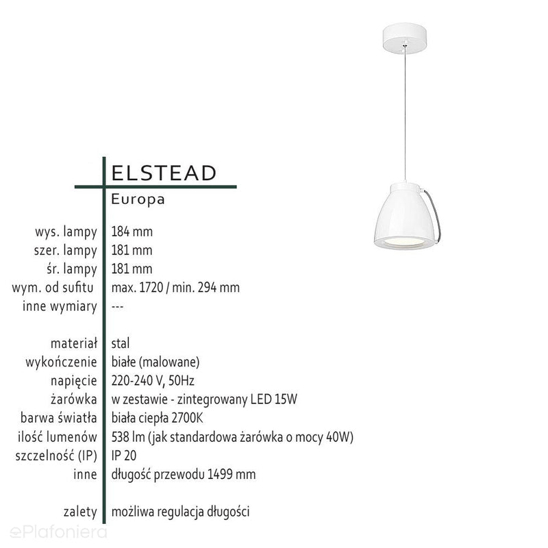 Biała lampa 18cm, LED 15W - wisząca do kuchni jadalni salonu Elstead (Europa)