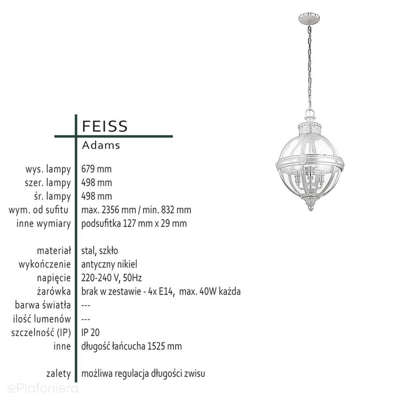 Lampa wisząca kula Adams antyczny nikiel - Feiss (50cm / metal - szkło/ 4xE14)