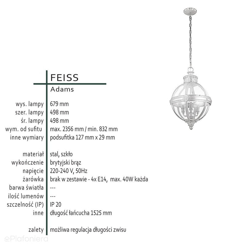 Lampa wisząca kula 50cm (metal - szkło) brytyjski brąz, do salonu sypialni (4xE14) Feiss (Adams)