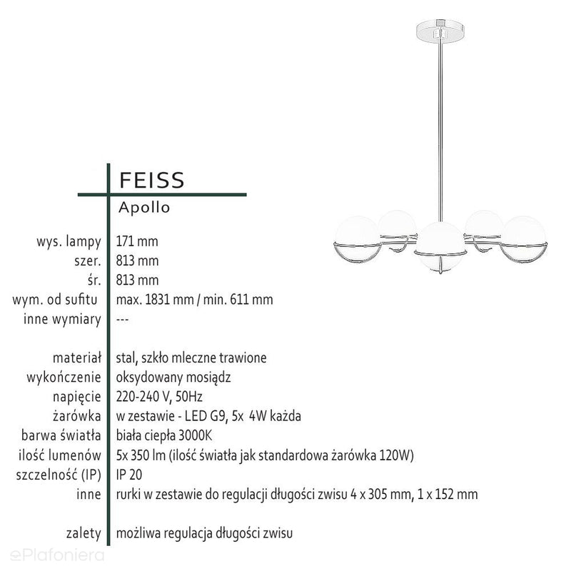 Nowoczesny żyrandol Apollo, szklane kule (oksydowany mosiądz) - Feiss (5xG9 4W)