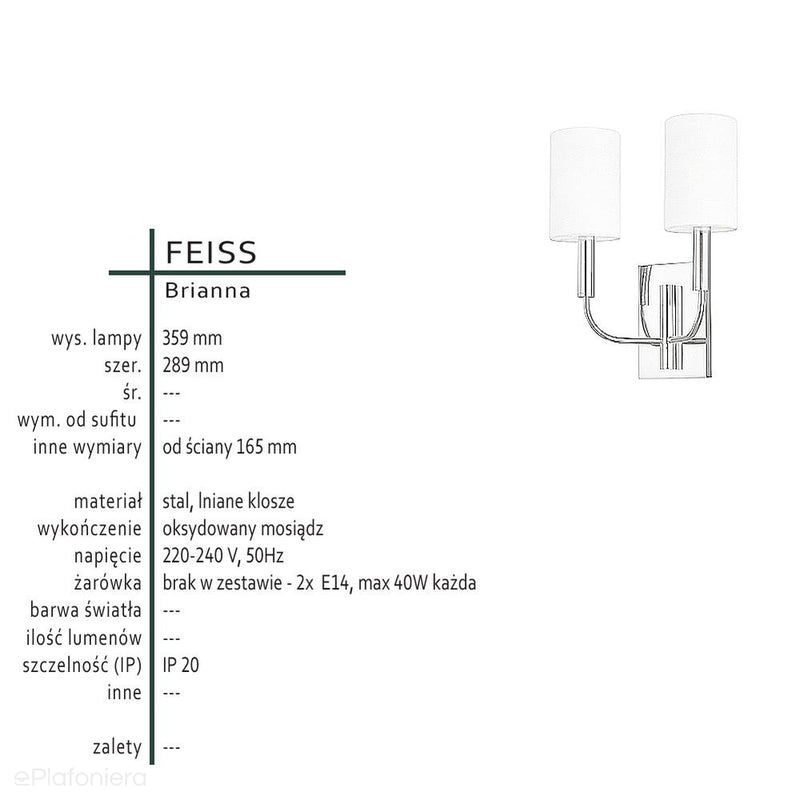 Nowoczesna lampa ścienna (kinkiet 2xE14) do salonu sypialni (oksydowany mosiądz) Feiss (Brianna)
