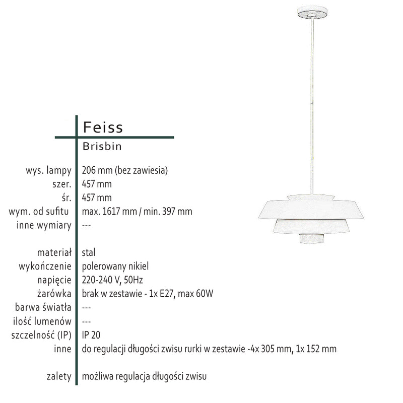 Nowoczesna metalowa lampa nad stół do salonu sypialni (nikiel) 1xE27, Feiss (Brisbin)
