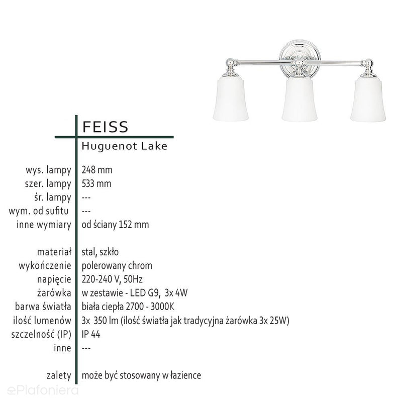 Lampa do łazienki (mleczne szkło, chrom) kinkiet łazienkowy (G9 3x4W) Feiss (Huguenot)