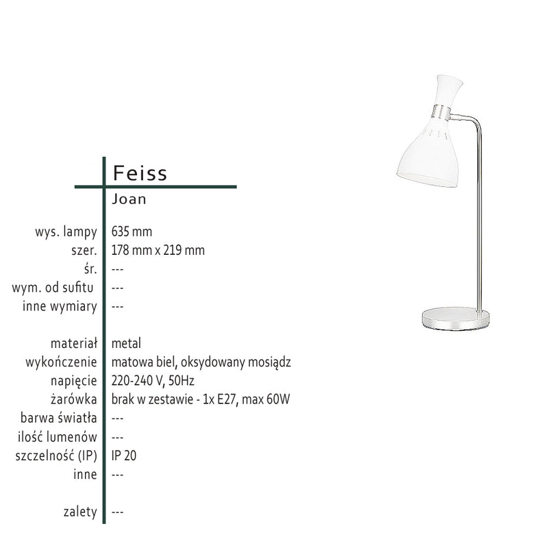 Biała metalowa lampa stojąca, biurkowa do salonu sypialni, 1xE27 Feiss (Joan)