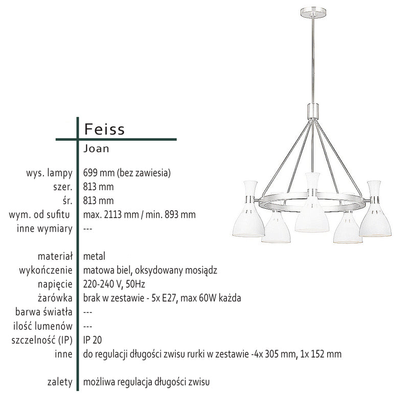 Biała metalowa lampa wisząca, żyrandol do wysokich pomieszczeń, 5xE27 Feiss (Joan)