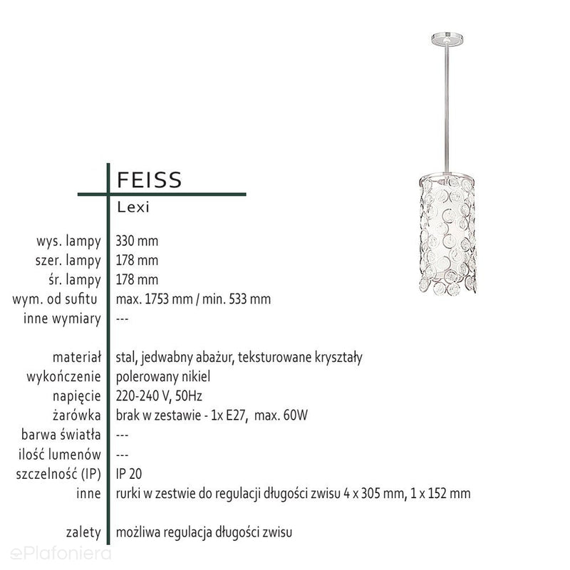 Lampa kryształowa (polerowany nikiel) wisząca 18cm - abażur jedwab do sypialni salonu (1xE27) Feiss (Lexi)