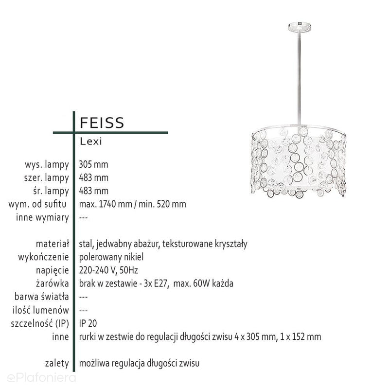 Lampa wisząca kryształowa Lexi - Feiss (jedwabny abażur + polerowany nikiel) 48cm / 3xE27