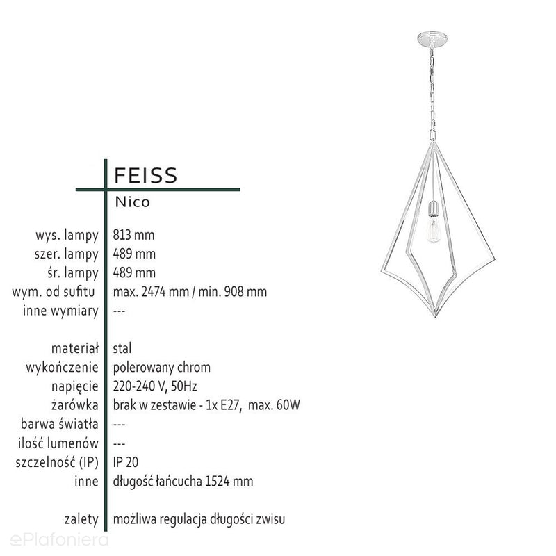 Chromowa lampa wisząca 49x80cm (polerowany chrom) do sypialni salonu (1xE27) Feiss (Nico)